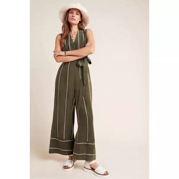 Anthropologie Sancia Pia Striped Jumpsuit - Olive Green Cupro - XS - Picture 1 of 11